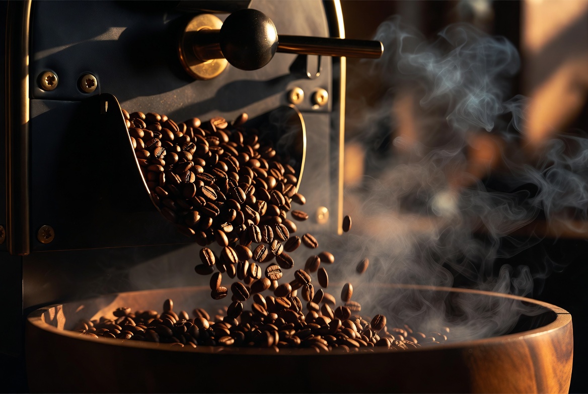 coffee beans pouring from a luxury roaster